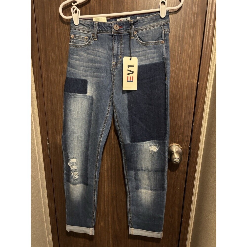 EV1 Alex Relaxed Vintage Women's Straight Skinny Patchwork Blue Jeans Size 0